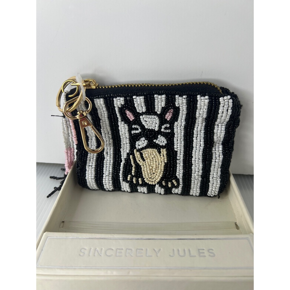 Sincerely Jules Beaded French Bulldog Coin Purse Black White Striped Key Pouch